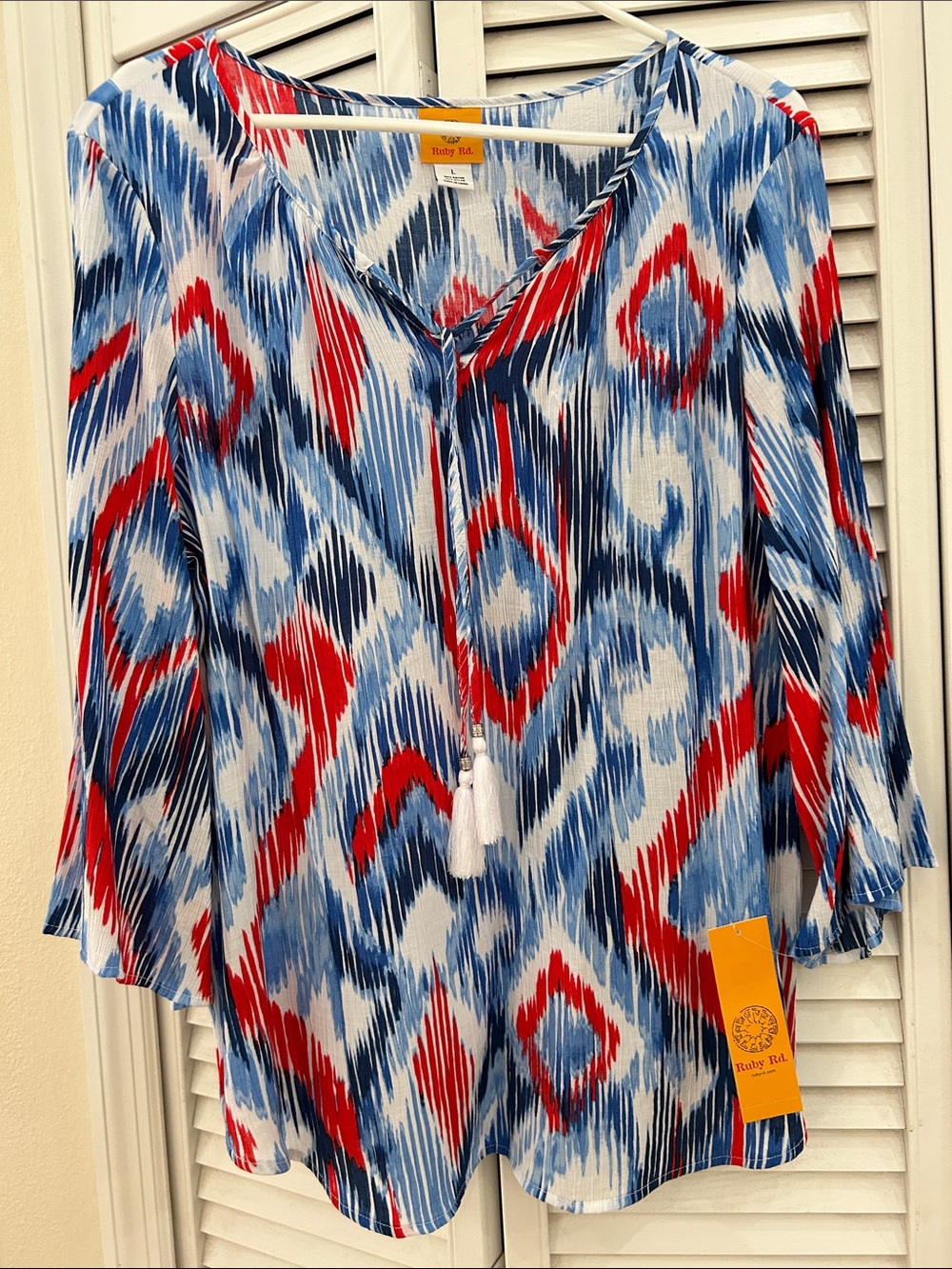 NWT Ruby Rd. Red, White and Blue Printed Blouse/Tunic Top Size L